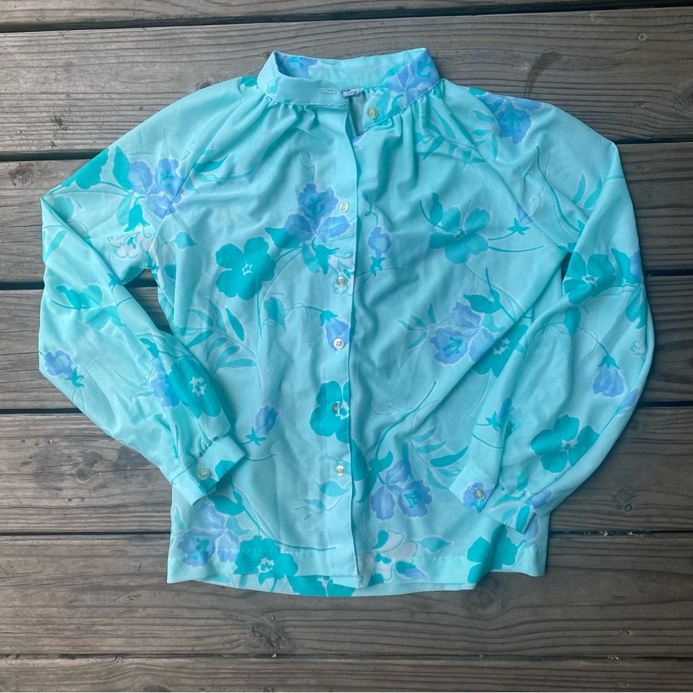 VTG ‘70s Alfred Dunner Aqua Floral Blouse